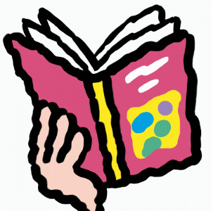 A cartoon drawing of a hand holding up an open book with a pink cover.
