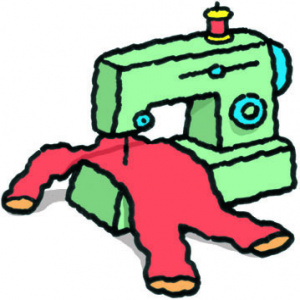 A cartoon of a bright green sewing machine with an item of clothing in it.
