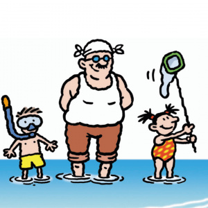 A cartoon of a dad and two children standing in water. On his left, his young son is wearing a snorkel and on his right his young daughter is holding a fishing net and smiling.
