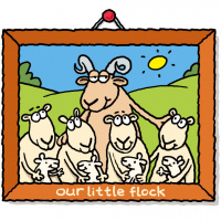 A cartoon picture frame showing a male ram with his arms around several sheep and lambs. A the bottom of the frame are the words 'our little flock'.