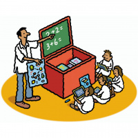 A cartoon drawing of a teacher standing next to a chalk board and pointing, with four children sat on the floor in front of him.