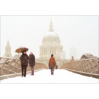 A rectangular Christmas card with a picture of St Paul's Cathedral, taken from Millennium Bridge. It is snowing and the three people visible on the bridge are wrapped up warm.