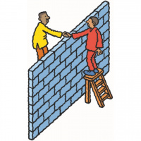 A cartoon drawing of a wall, with two men on either side standing on step ladders to shake hands over the top of the wall.