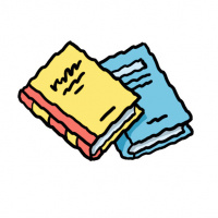 A cartoon drawing of two books, one blue and one yellow.