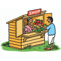 A cartoon drawing of a small wooden hut, with an open counter and a sign above it saying 'Shop'. Inside, there is a woman with lots of vegetables on display, and in front of the counter a customer is handing over some money.