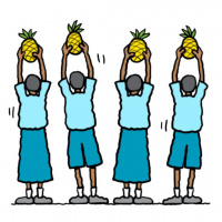 A cartoon drawing of four young people facing away with their arms raised above their heads, each holding up a pineapple.