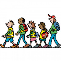 A cartoon drawing of four children walking in a line, with a teacher walking at the back of the line.