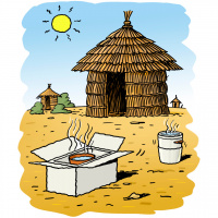 A cartoon drawing off a small hut in a dry environment, with two more huts in the background. In front of the hut are two solar cookers with steam rising from them.