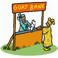 A cartoon drawing of a woman behind a stall with a sign above her saying 'Goat bank'. She is holding out a small white goat for a woman on the other side of the stall to take.