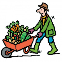 A cartoon drawing of a man pushing a red wheelbarrow piled high with vegetables.