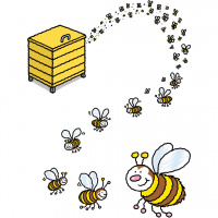A cartoon drawing of a bee hive box with bees coming out of it.
