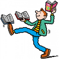 A cartoon drawing of a boy holding up an open book in each hand and balancing a third open book on one foot.
