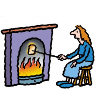 A cartoon drawing of a sad-looking woman sitting in front of a fireplace, roasting a marshmallow over the fire.