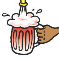 A cartoon drawing of a beer glass being held under a tap with foamy beer pouring into it.