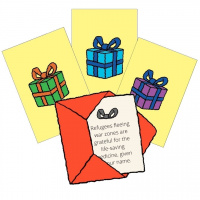 cartoon of gift card with note saying help refugees and 3 present cards