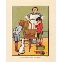 A rectangular Christmas card with a old-fashioned cartoon on the front. The cartoon shows a maid standing with her hands on her hips and smiling as she watches over two young children. The children are standing in front of a chair with a big bowl on it, t