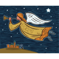 A rectangular Christmas card with a drawing of an angel in a starry night sky, blowing on a trumpet. Below, there is a town visible.