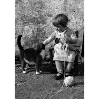 A rectangular greetings card with a black and white picture of a very young girl sitting in a wooden chair with her knitting in her lap. She is reaching out to pet a black and white cat which is standing next to the chair.