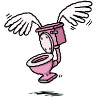 A cartoon drawing of a flying pink toilet, with large white wings.