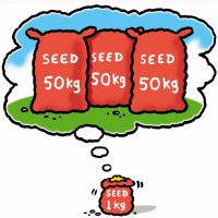 A cartoon drawing of a red sack of seeds saying 'Seed 1kg' on it. Above the sack is a thought bubble, which has three bigger red sacks of seed in it, each one says 'Seed 50kg' on it.