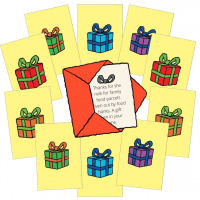 A cartoon showing 10 Little Good Gifts cards with a different coloured present on each one. In the middle is a little red envelope with the message of one of the gift cards sticking out.
