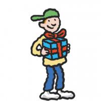 A cartoon drawing of a boy holding a present with a red bow on it.