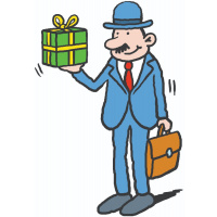 cartoon man in suit with briefcase holding gift