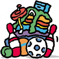 A cartoon drawing of a pile of toys.