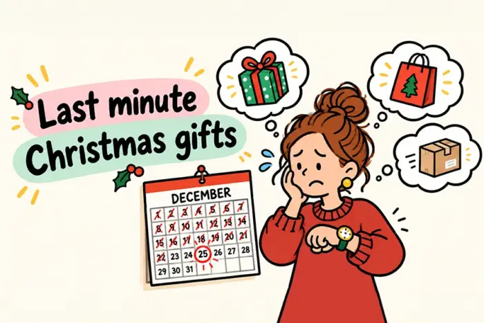last minute christmas gifts blog image with a cartoon lady looking worriedly at her calendar as it approaches December 25th