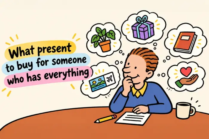 what present to buy for someone who has everything blog image of a cartoon man sat at a table thinking of possible different gifts to buy